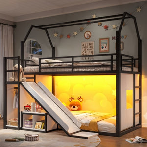 English Elm Twin Metal Playhouse Loft Bed with Slide LED Nook Clothes Rack and Storage for Kids W5305S00171