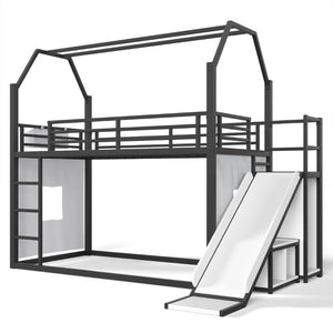 English Elm Twin Metal Playhouse Loft Bed with Slide LED Nook Clothes Rack and Storage for Kids W5305S00171