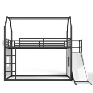 English Elm Twin Metal Playhouse Loft Bed with Slide LED Nook Clothes Rack and Storage for Kids W5305S00171