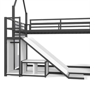English Elm Twin Metal Playhouse Loft Bed with Slide LED Nook Clothes Rack and Storage for Kids W5305S00171