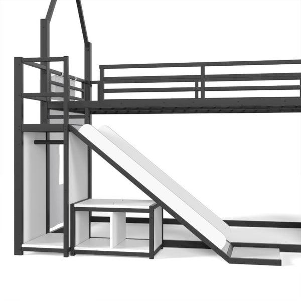 English Elm Twin Metal Playhouse Loft Bed with Slide LED Nook Clothes Rack and Storage for Kids W5305S00171