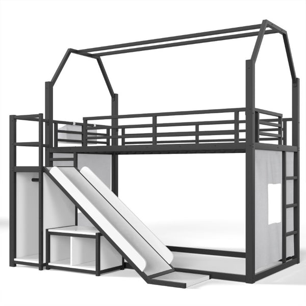 English Elm Twin Metal Playhouse Loft Bed with Slide LED Nook Clothes Rack and Storage for Kids W5305S00171