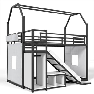 English Elm Twin Metal Playhouse Loft Bed with Slide LED Nook Clothes Rack and Storage for Kids W5305S00171