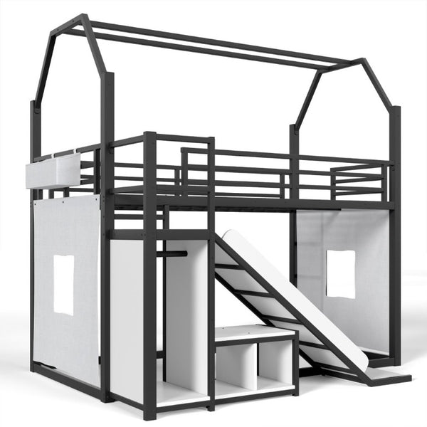 English Elm Twin Metal Playhouse Loft Bed with Slide LED Nook Clothes Rack and Storage for Kids W5305S00171
