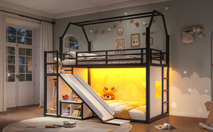 English Elm Twin Metal Playhouse Loft Bed with Slide LED Nook Clothes Rack and Storage for Kids W5305S00171