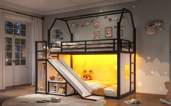 English Elm Twin Metal Playhouse Loft Bed with Slide LED Nook Clothes Rack and Storage for Kids W5305S00171