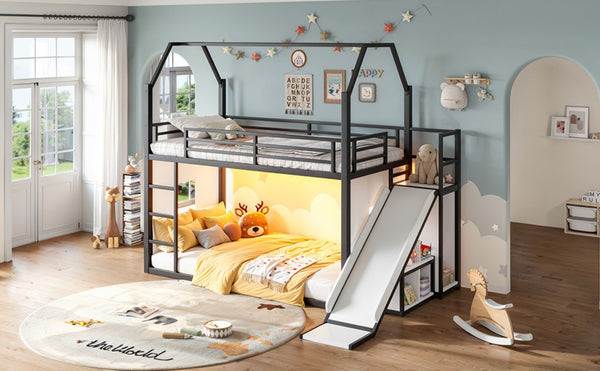 English Elm Twin Metal Playhouse Loft Bed with Slide LED Nook Clothes Rack and Storage for Kids W5305S00171