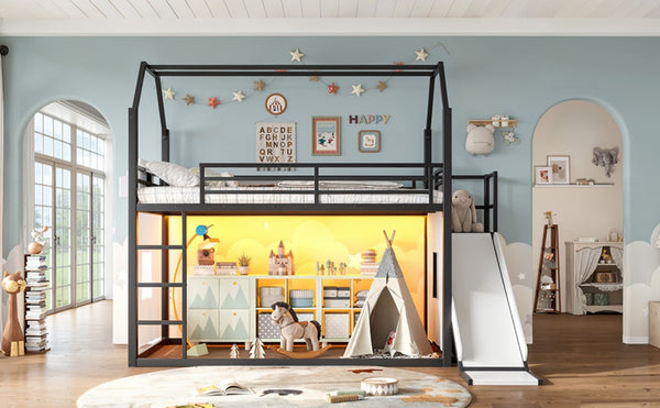 English Elm Twin Metal Playhouse Loft Bed with Slide LED Nook Clothes Rack and Storage for Kids W5305S00171