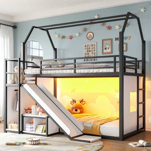English Elm Twin Metal Playhouse Loft Bed with Slide LED Nook Clothes Rack and Storage for Kids W5305S00171