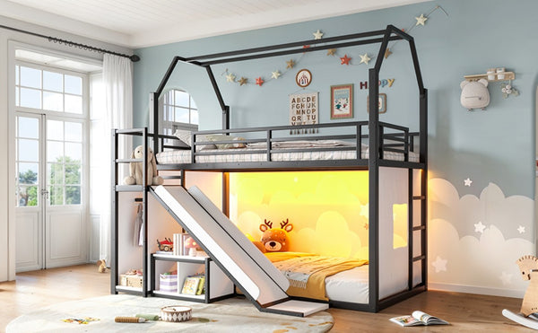 English Elm Twin Metal Playhouse Loft Bed with Slide LED Nook Clothes Rack and Storage for Kids W5305S00171