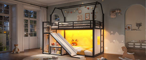 English Elm Twin Metal Playhouse Loft Bed with Slide LED Nook Clothes Rack and Storage for Kids W5305S00171