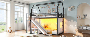 English Elm Twin Metal Playhouse Loft Bed with Slide LED Nook Clothes Rack and Storage for Kids W5305S00171
