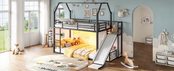 English Elm Twin Metal Playhouse Loft Bed with Slide LED Nook Clothes Rack and Storage for Kids W5305S00171