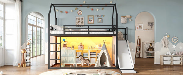 English Elm Twin Metal Playhouse Loft Bed with Slide LED Nook Clothes Rack and Storage for Kids W5305S00171