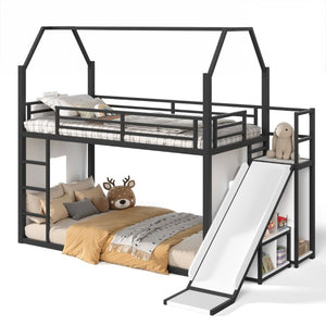 English Elm Twin Metal Playhouse Loft Bed with Slide LED Nook Clothes Rack and Storage for Kids W5305S00171