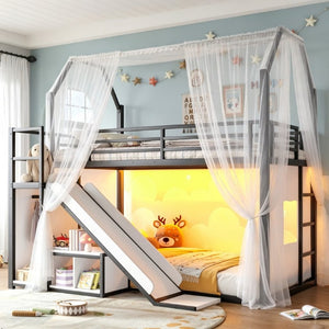 English Elm Twin Metal Playhouse Loft Bed with Slide LED Nook Clothes Rack and Storage for Kids W5305S00171