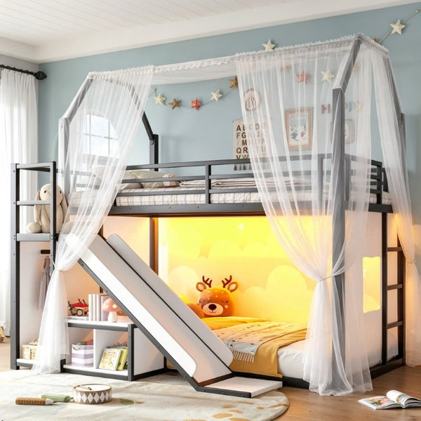English Elm Twin Metal Playhouse Loft Bed with Slide LED Nook Clothes Rack and Storage for Kids W5305S00171