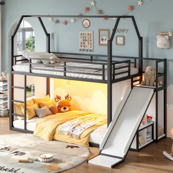 English Elm Twin Metal Playhouse Loft Bed with Slide LED Nook Clothes Rack and Storage for Kids W5305S00171