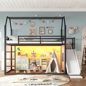 English Elm Twin Metal Playhouse Loft Bed with Slide LED Nook Clothes Rack and Storage for Kids W5305S00171
