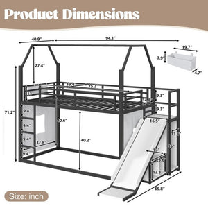 English Elm Twin Metal Playhouse Loft Bed with Slide LED Nook Clothes Rack and Storage for Kids W5305S00171