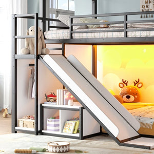 English Elm Twin Metal Playhouse Loft Bed with Slide LED Nook Clothes Rack and Storage for Kids W5305S00171