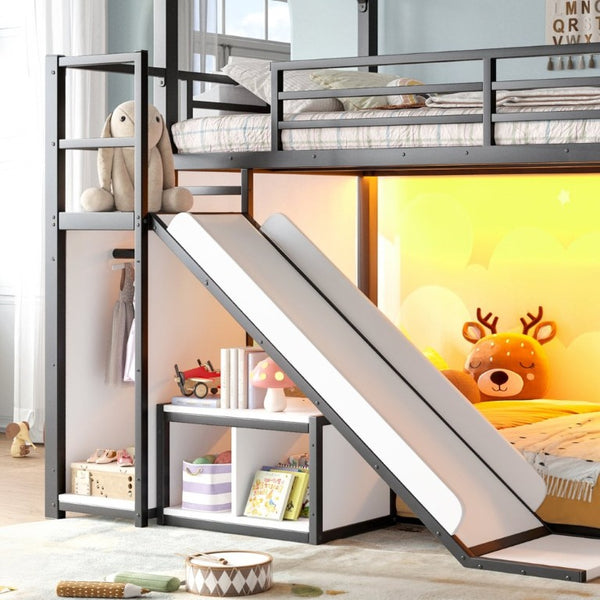 English Elm Twin Metal Playhouse Loft Bed with Slide LED Nook Clothes Rack and Storage for Kids W5305S00171