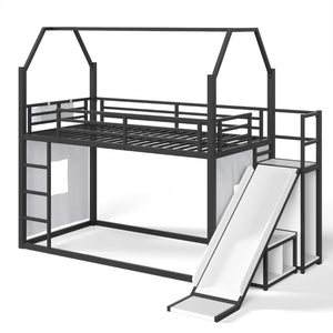 English Elm Twin Metal Playhouse Loft Bed with Slide LED Nook Clothes Rack and Storage for Kids W5305S00171