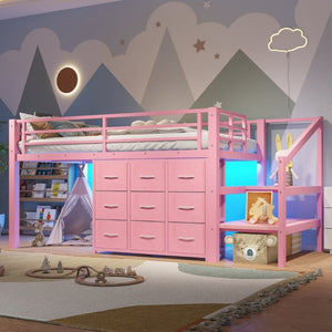 English Elm Twin Low Loft Bed with Stair Storage Fabric Drawers Shelves and Built in Frame Lights W5305S00172