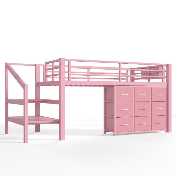 English Elm Twin Low Loft Bed with Stair Storage Fabric Drawers Shelves and Built in Frame Lights W5305S00172