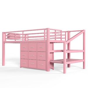 English Elm Twin Low Loft Bed with Stair Storage Fabric Drawers Shelves and Built in Frame Lights W5305S00172