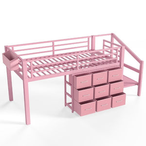 English Elm Twin Low Loft Bed with Stair Storage Fabric Drawers Shelves and Built in Frame Lights W5305S00172