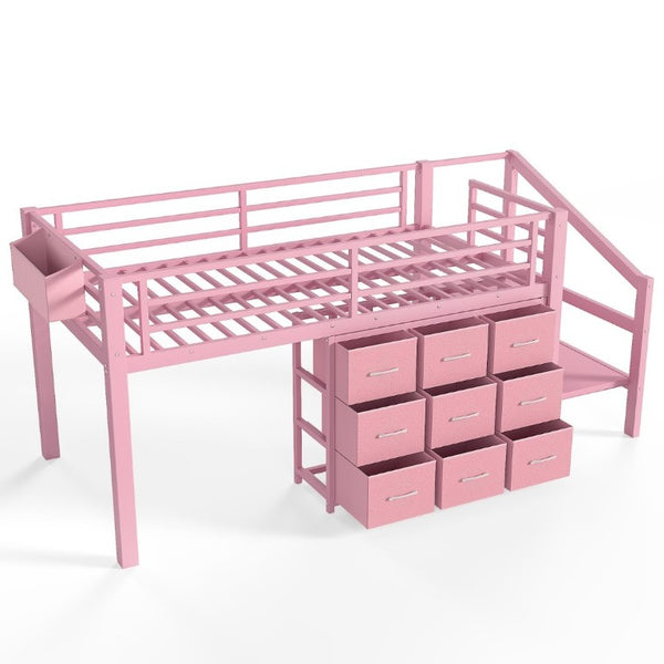 English Elm Twin Low Loft Bed with Stair Storage Fabric Drawers Shelves and Built in Frame Lights W5305S00172
