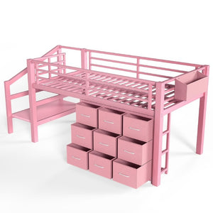 English Elm Twin Low Loft Bed with Stair Storage Fabric Drawers Shelves and Built in Frame Lights W5305S00172