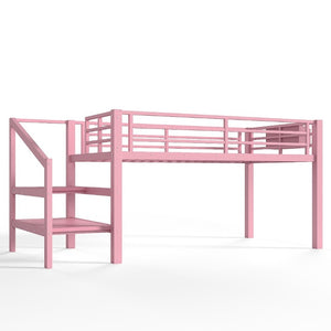 English Elm Twin Low Loft Bed with Stair Storage Fabric Drawers Shelves and Built in Frame Lights W5305S00172