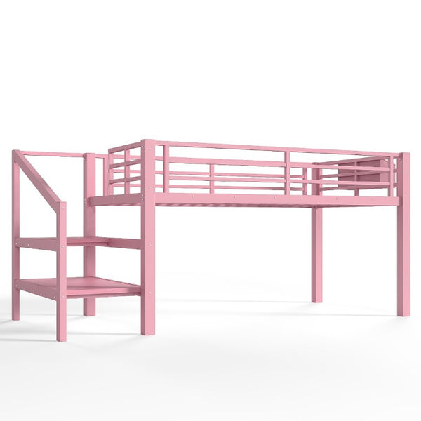 English Elm Twin Low Loft Bed with Stair Storage Fabric Drawers Shelves and Built in Frame Lights W5305S00172