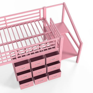 English Elm Twin Low Loft Bed with Stair Storage Fabric Drawers Shelves and Built in Frame Lights W5305S00172