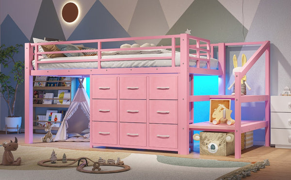 English Elm Twin Low Loft Bed with Stair Storage Fabric Drawers Shelves and Built in Frame Lights W5305S00172