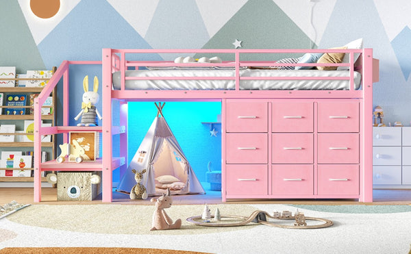 English Elm Twin Low Loft Bed with Stair Storage Fabric Drawers Shelves and Built in Frame Lights W5305S00172