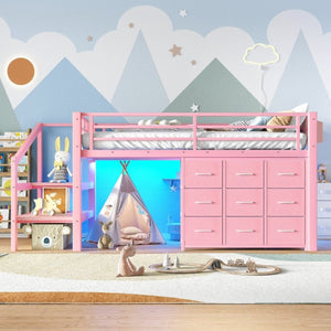 English Elm Twin Low Loft Bed with Stair Storage Fabric Drawers Shelves and Built in Frame Lights W5305S00172