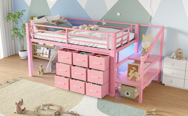 English Elm Twin Low Loft Bed with Stair Storage Fabric Drawers Shelves and Built in Frame Lights W5305S00172