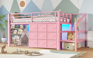 English Elm Twin Low Loft Bed with Stair Storage Fabric Drawers Shelves and Built in Frame Lights W5305S00172