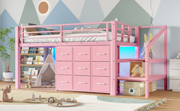 English Elm Twin Low Loft Bed with Stair Storage Fabric Drawers Shelves and Built in Frame Lights W5305S00172