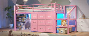 English Elm Twin Low Loft Bed with Stair Storage Fabric Drawers Shelves and Built in Frame Lights W5305S00172