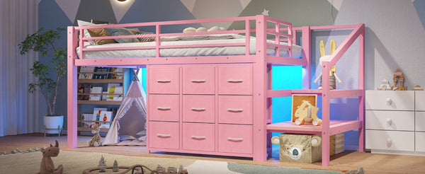 English Elm Twin Low Loft Bed with Stair Storage Fabric Drawers Shelves and Built in Frame Lights W5305S00172