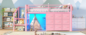 English Elm Twin Low Loft Bed with Stair Storage Fabric Drawers Shelves and Built in Frame Lights W5305S00172