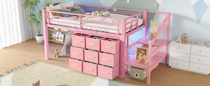 English Elm Twin Low Loft Bed with Stair Storage Fabric Drawers Shelves and Built in Frame Lights W5305S00172
