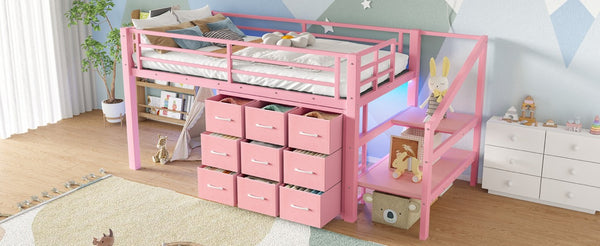 English Elm Twin Low Loft Bed with Stair Storage Fabric Drawers Shelves and Built in Frame Lights W5305S00172