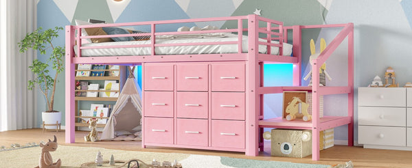 English Elm Twin Low Loft Bed with Stair Storage Fabric Drawers Shelves and Built in Frame Lights W5305S00172