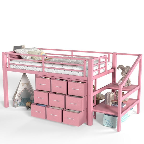 English Elm Twin Low Loft Bed with Stair Storage Fabric Drawers Shelves and Built in Frame Lights W5305S00172