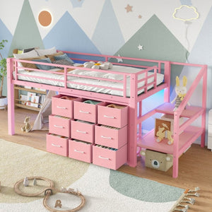 English Elm Twin Low Loft Bed with Stair Storage Fabric Drawers Shelves and Built in Frame Lights W5305S00172